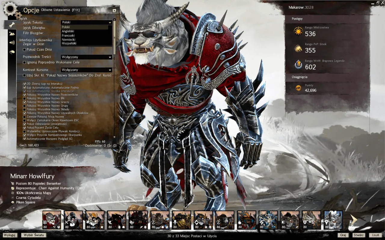 Postać w zbroi z Guild Wars 2, z polskim spolszczeniem interfejsu. Widać menu opcji gry i statystyki postaci.