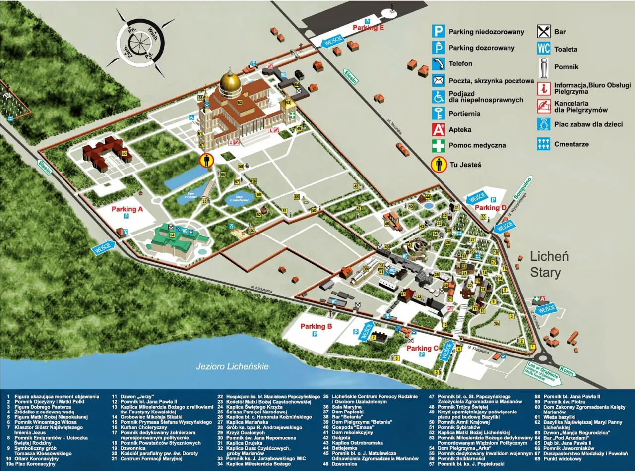 Mapa Lichenia Starego, jednego z najważniejszych sanktuariów maryjnych w Polsce poza Jasną Górą.