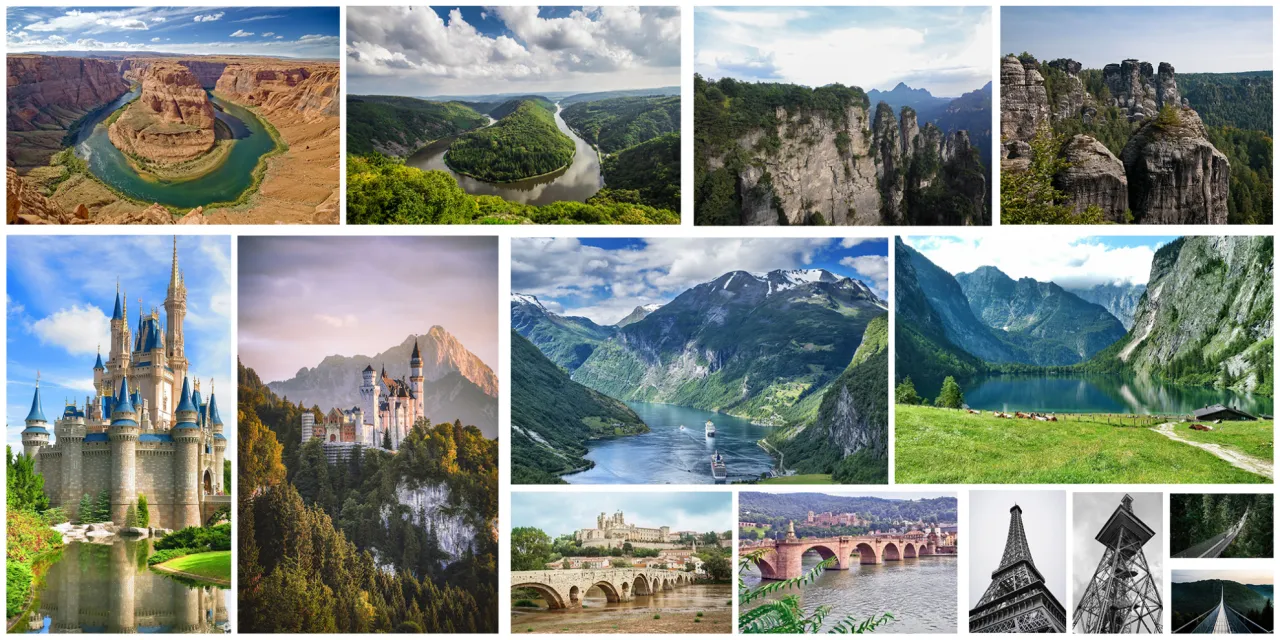 Collage aus verschiedenen deutschen Attraktionen wie Schloss Neuschwanstein, Europa-Park Achterbahn und Wanderweg in der Sächsischen Schweiz