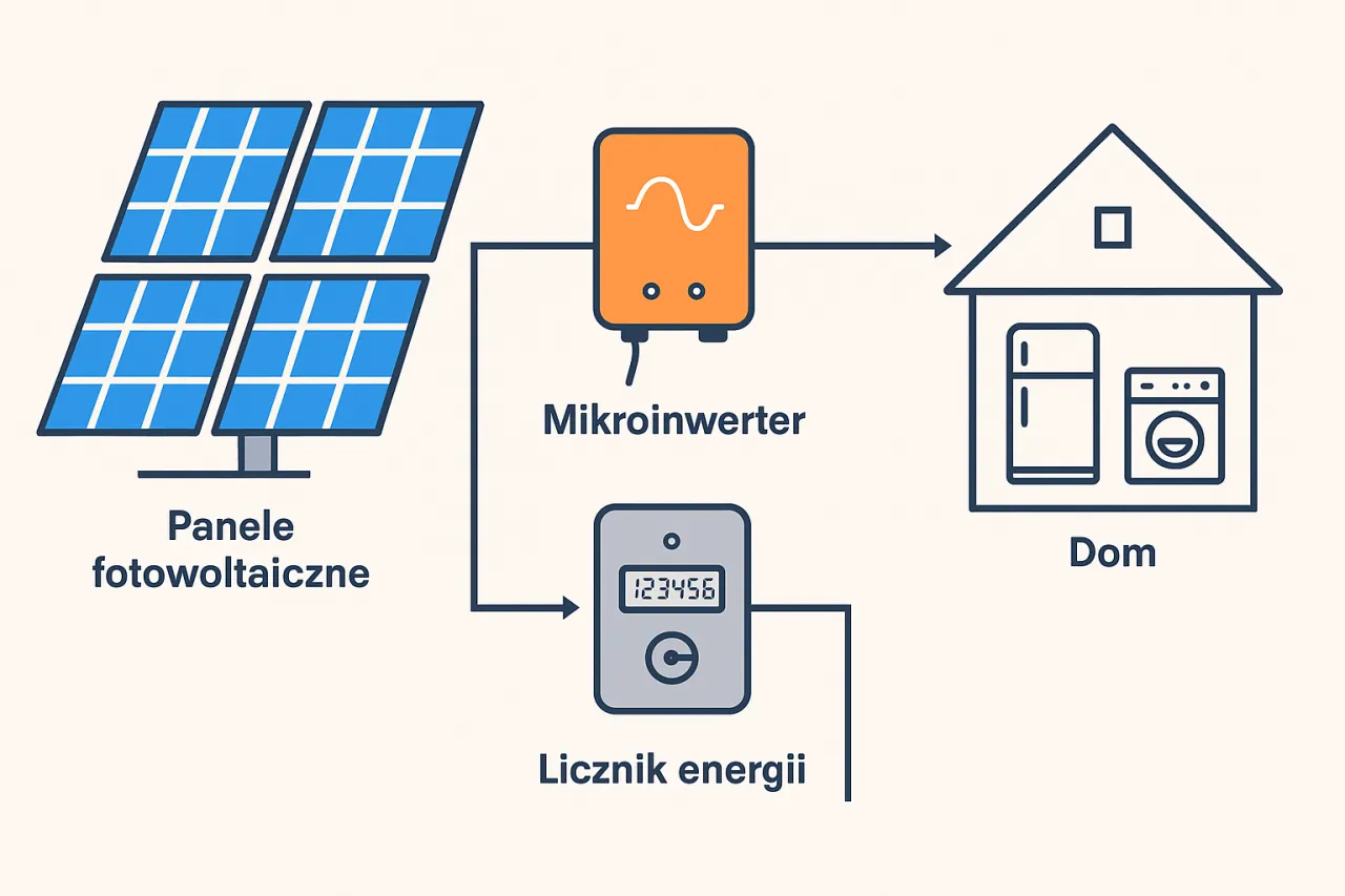 schemat działania falownika centralnego i mikroinwertera fotowoltaika