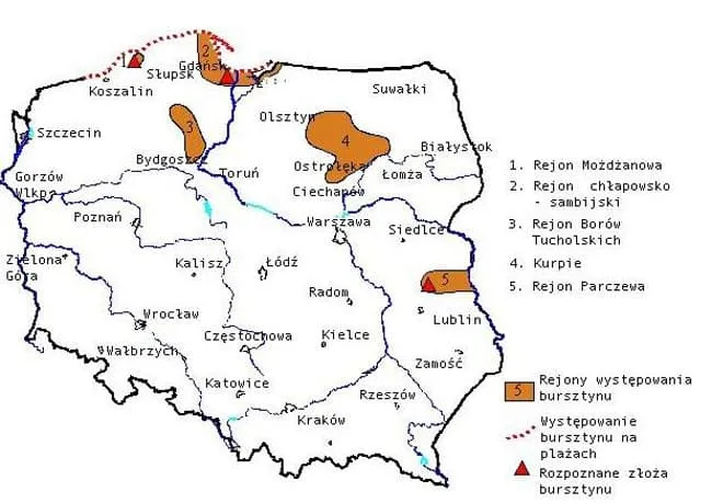 mapa występowania bursztynu w Polsce
