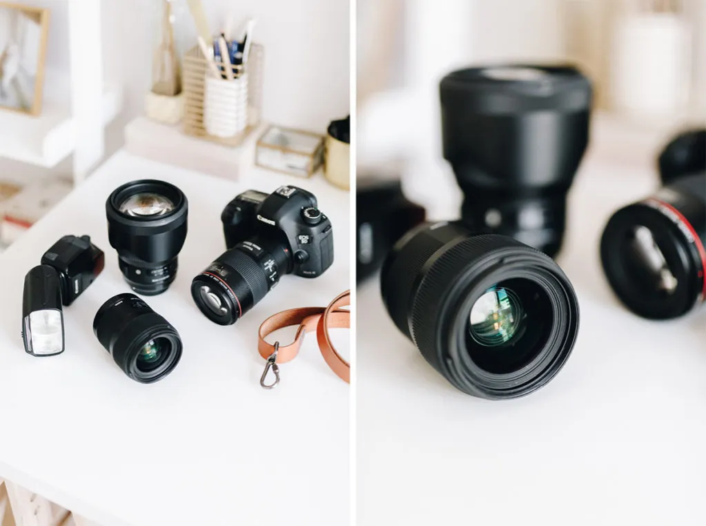 obiektywy fotograficzne do reportażu ślubnego ułożone obok siebie