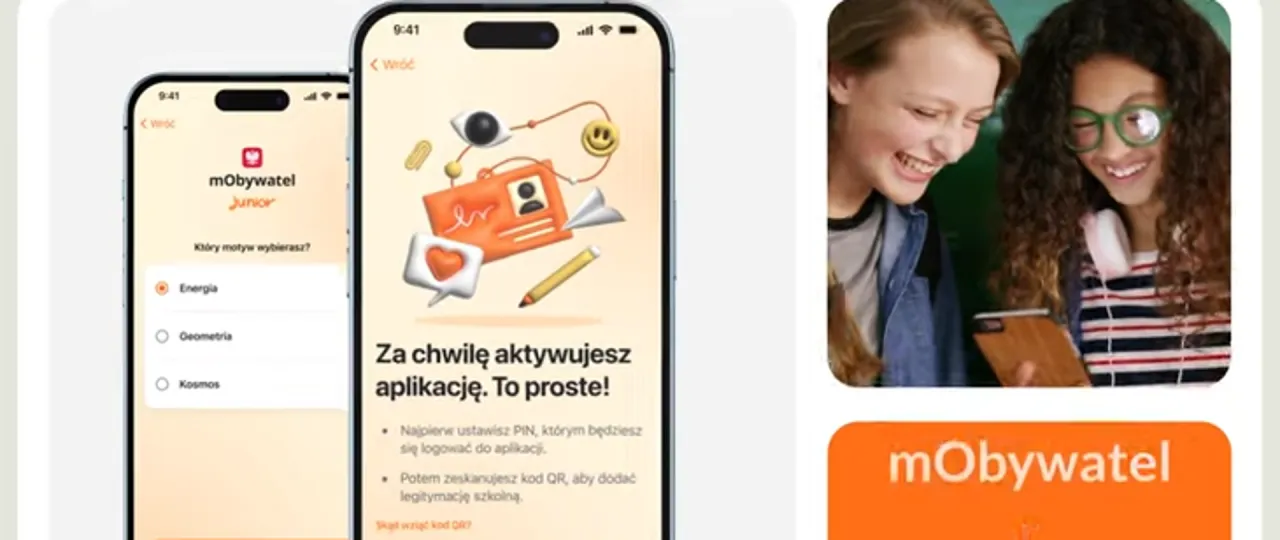 Aplikacja mObywatel Junior ułatwia wyrobienie nowej legitymacji szkolnej. Dwie dziewczynki śmieją się, patrząc na telefon.
