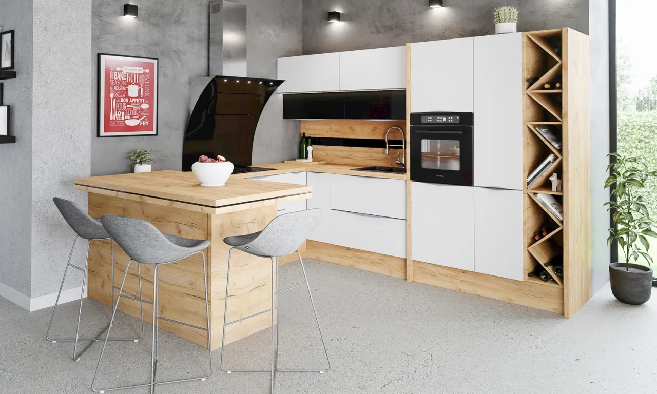 różne kształty stołów kuchennych w aranżacjach