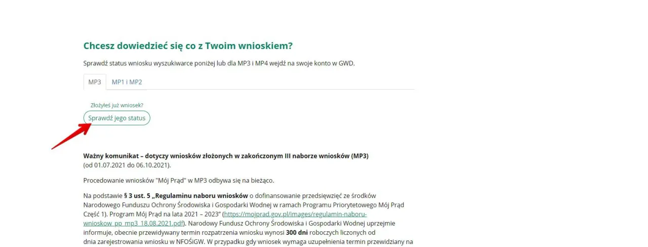 status wniosku mój prąd NFOŚiGW