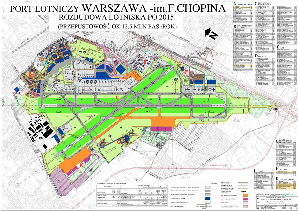 Plan rozbudowy lotniska Chopina w Warszawie. Na mapie widać wiele dr&oacute;g startowych, pas&oacute;w kołowania i budynk&oacute;w, co sugeruje, że jest to jedno, ale bardzo rozbudowane lotnisko.