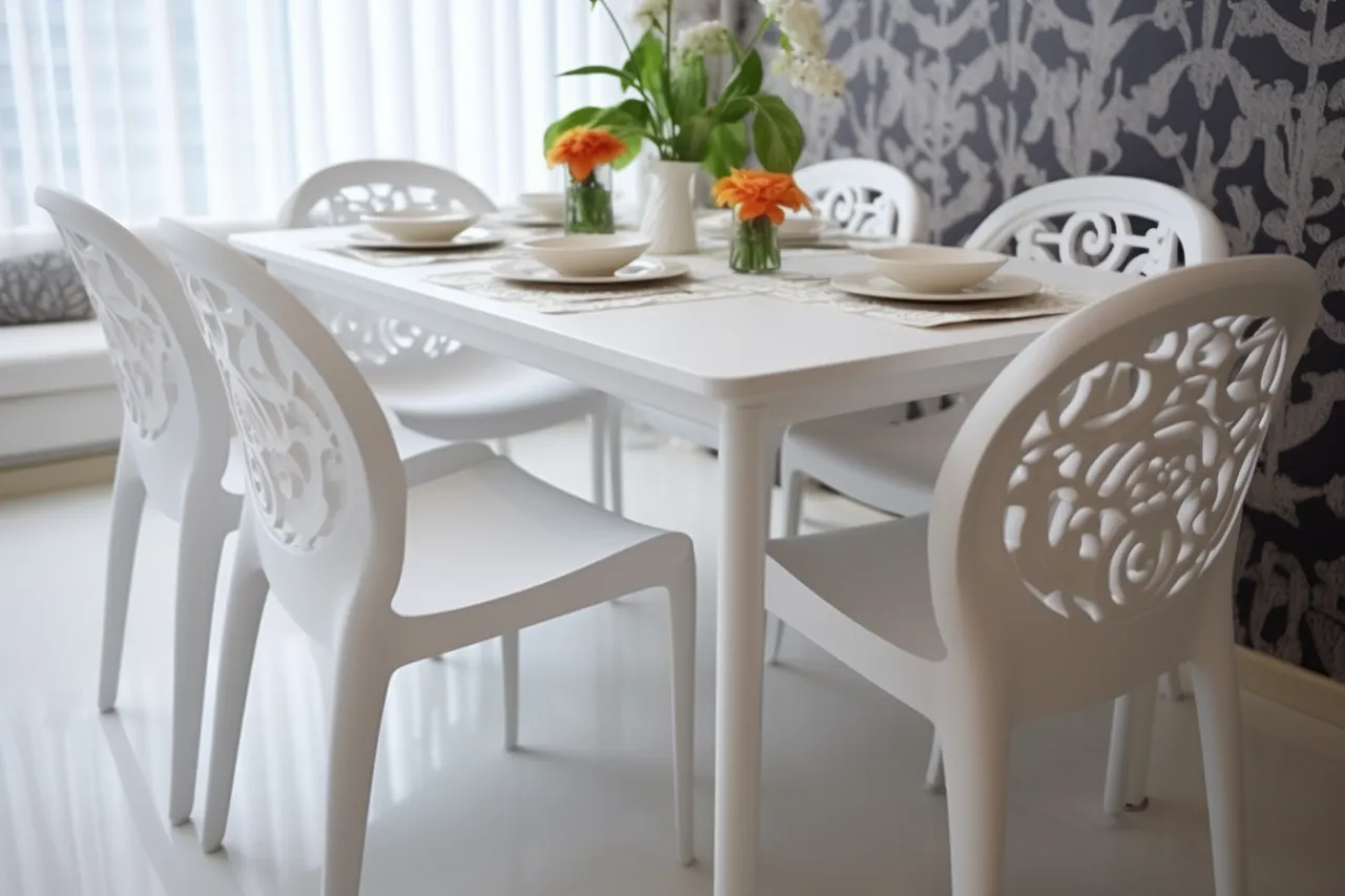 Biały stół z krzesłami w różnych stylach wnętrzarskich