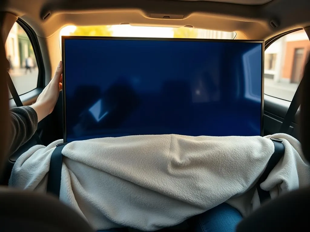 telewizor przypięty pasami w samochodzie