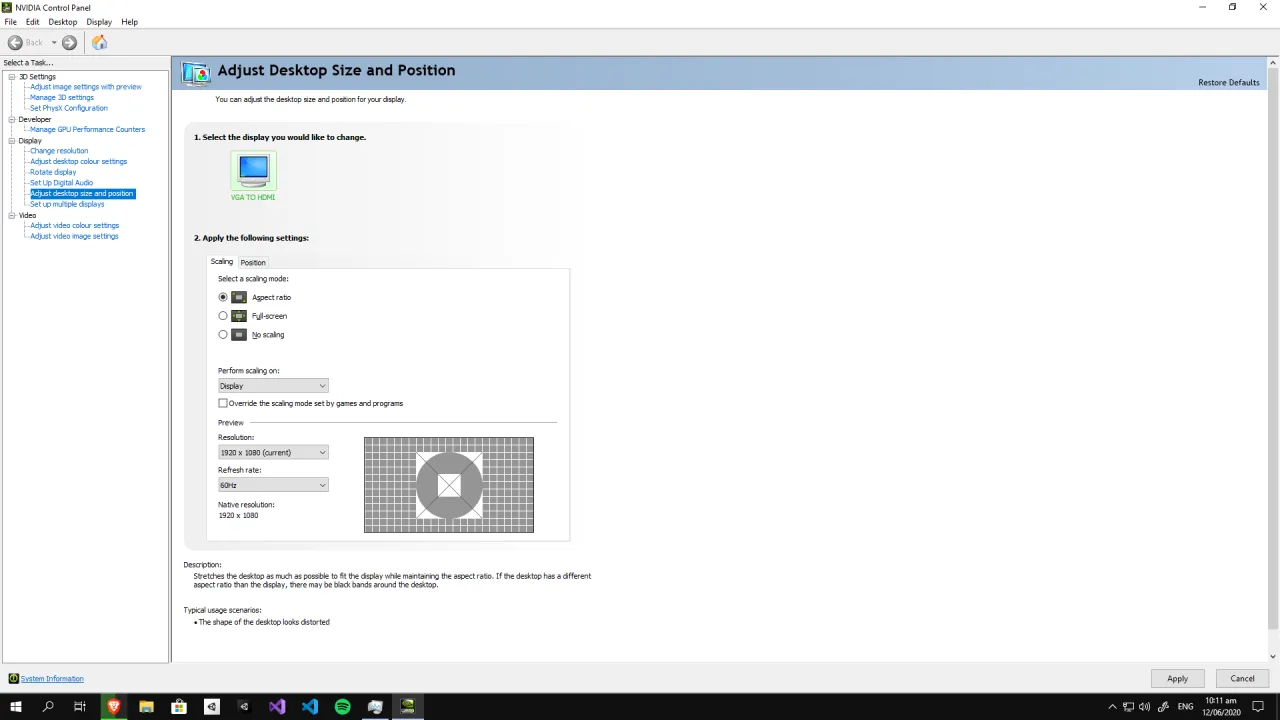 NVIDIA Control Panel adjust desktop size and position