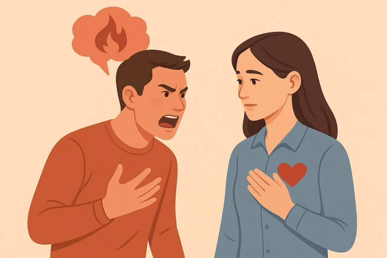 Gniewny mężczyzna krzyczy, a kobieta z sercem na piersi słucha. Typowe błędy w komunikacji przykłady.