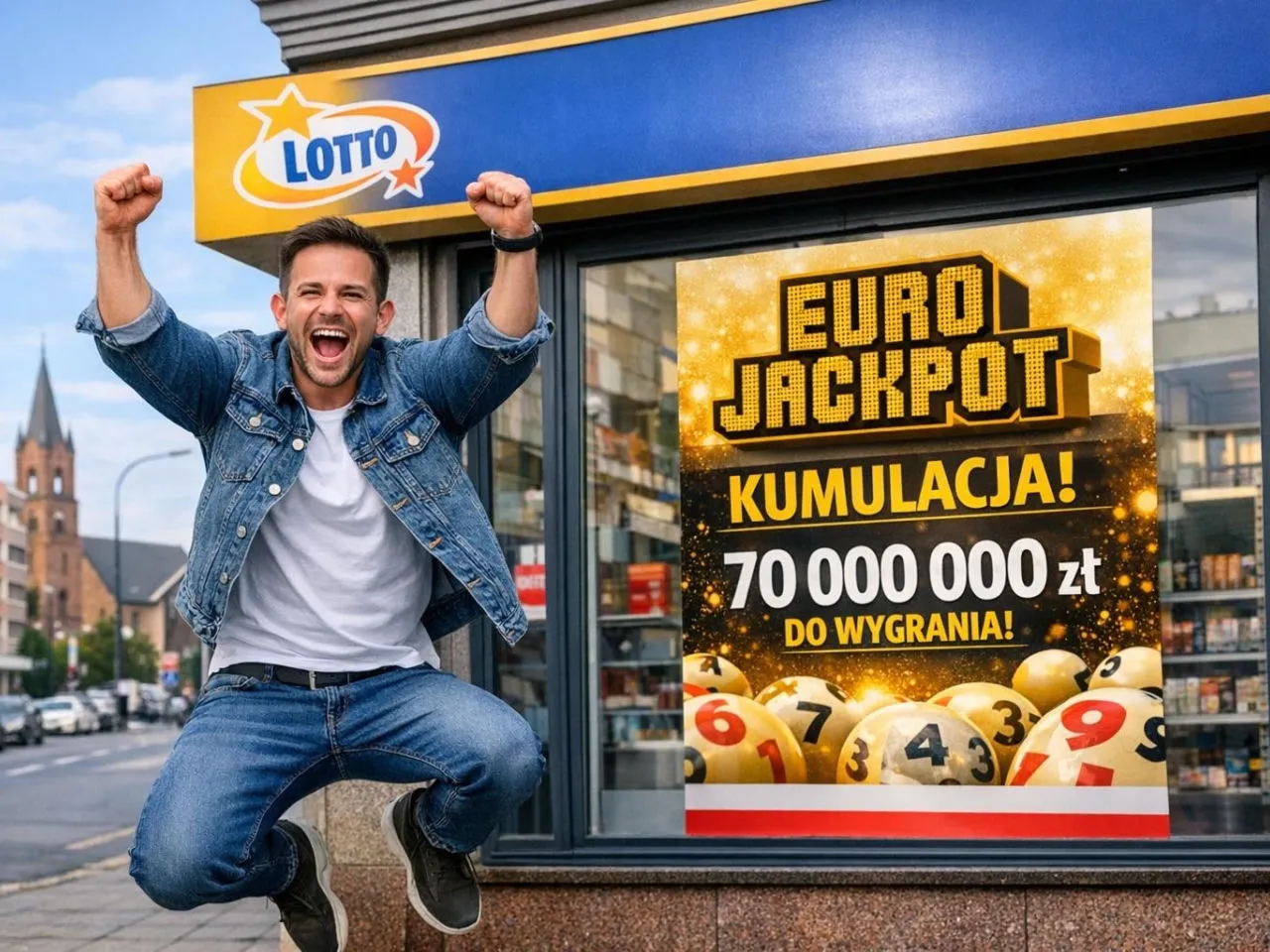 Radosny mężczyzna skacze przed sklepem LOTTO. Na szybie plakat z napisem