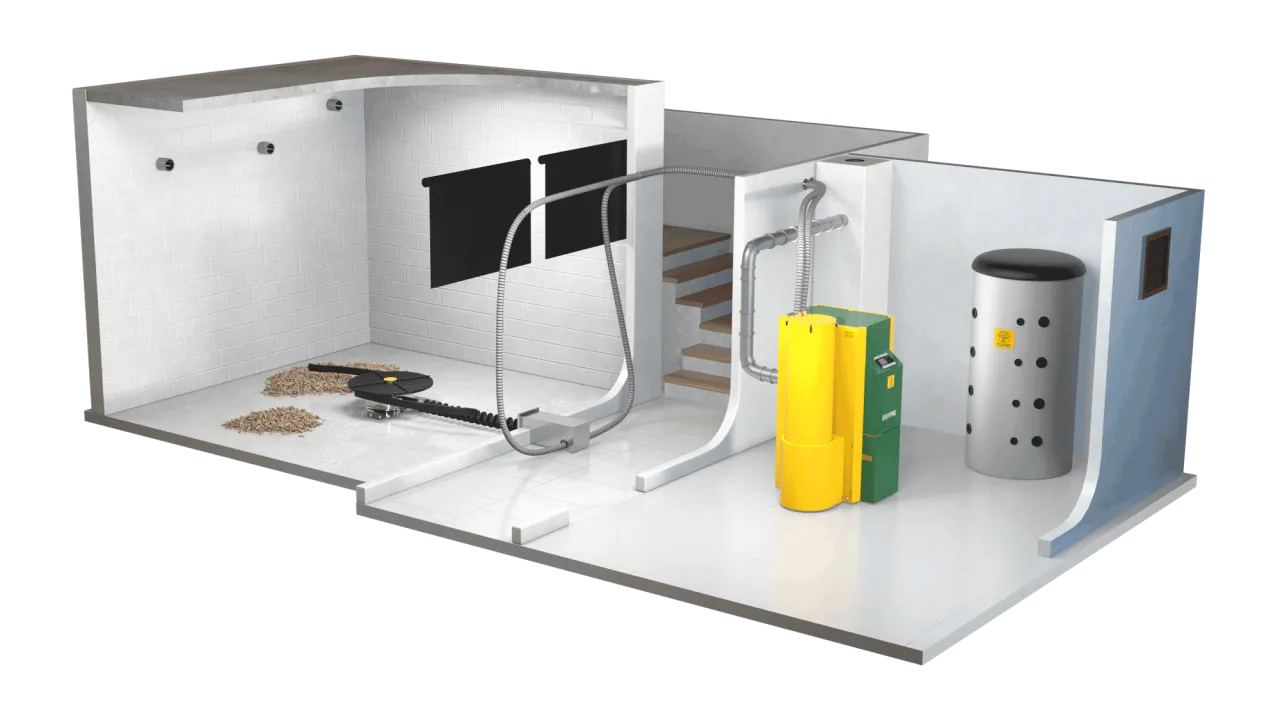 Kotłownia z zasobnikiem na pellet, gdzie kupić pellet w niedzielę? System automatycznego podawania paliwa, bojler i piec na pellet.