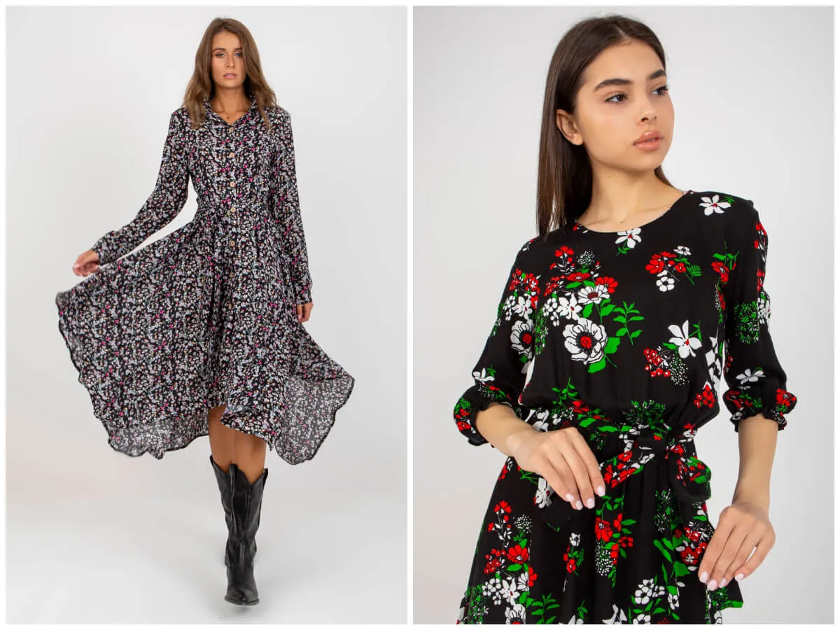 Dwie kobiety w sukienkach w kwiaty. Jedna w długiej, zwiewnej, druga w krótszej. Idealne inspiracje, co założyć do sukienki w kwiaty.