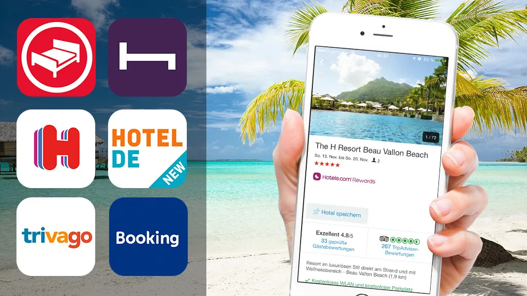 Smartphone mit den Logos der Hotelbuchungs-Apps Booking.com, Trivago, HRS und HolidayCheck auf dem Display
