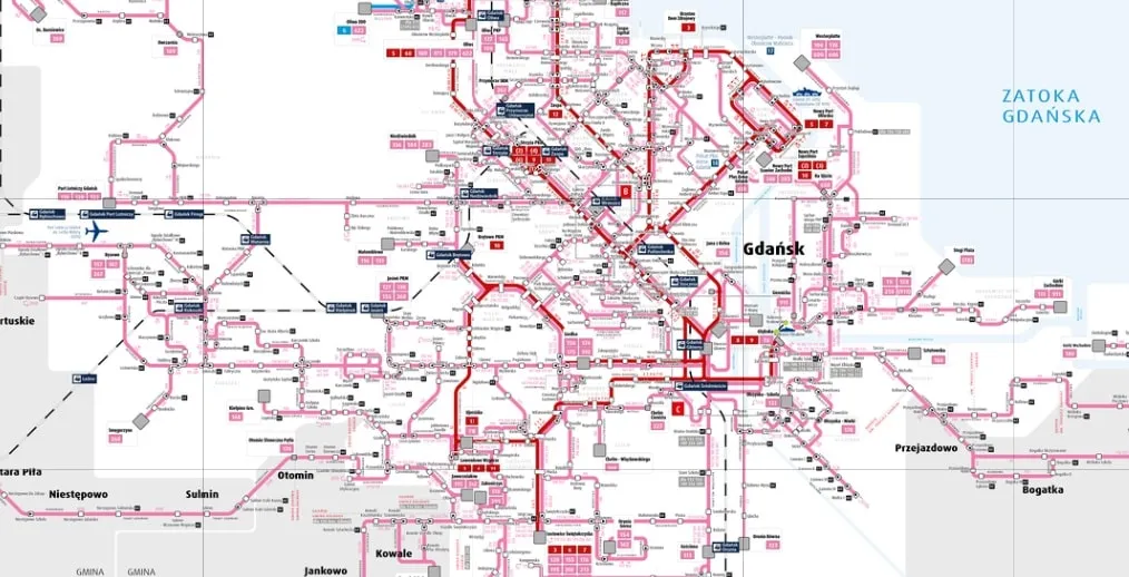 Mapa połączeń transportu publicznego lotnisko Gdańsk
