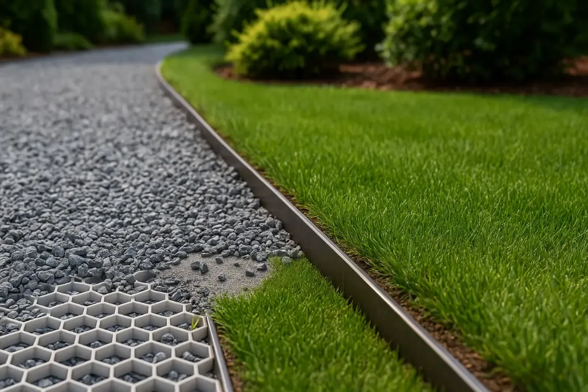 Piękna, soczysta trawa obok żwirowego podjazdu. Idealne rozwiązanie, by podjazd był stabilny i estetyczny.