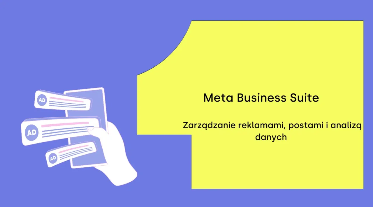 Grafika pokazuje, jak utworzyć konto reklamowe na Facebooku. Meta Business Suite ułatwia zarządzanie reklamami.