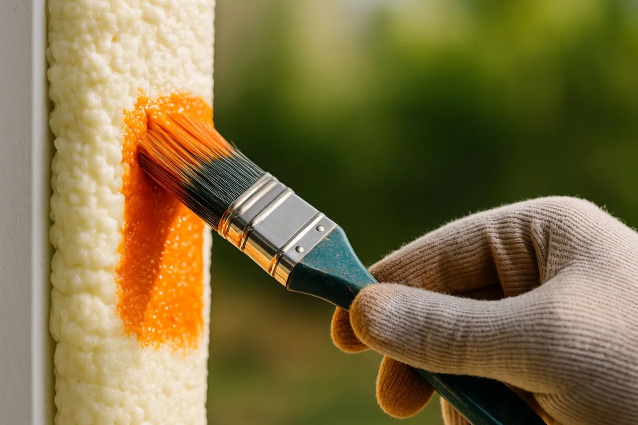 Ręka w rękawiczce maluje pędzlem pomarańczową farbą na białej piance montażowej, pokazując, czy piankę montażową można malować.