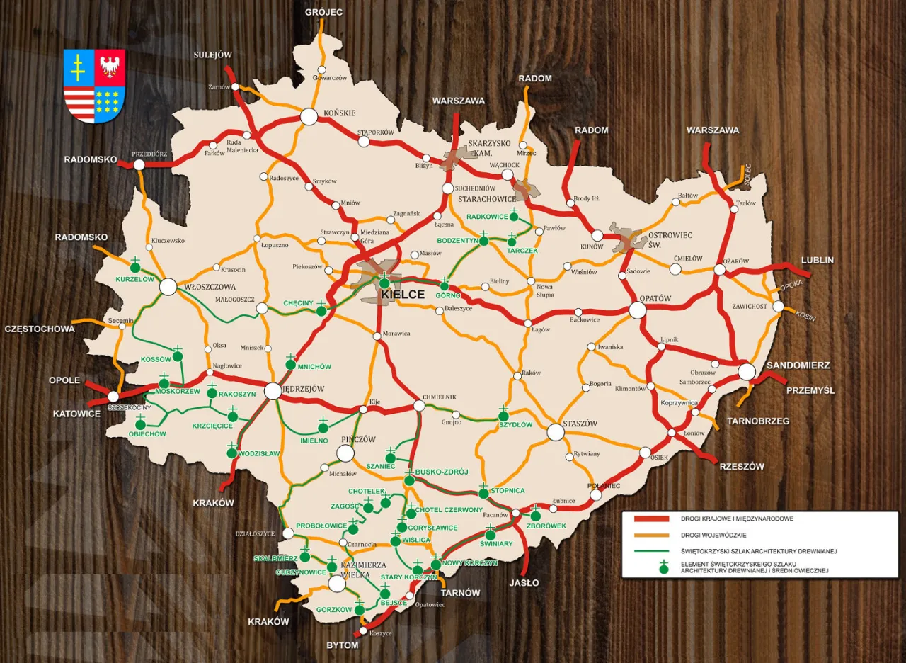 Mapa Polski z zaznaczonymi skansenami architektury drewnianej