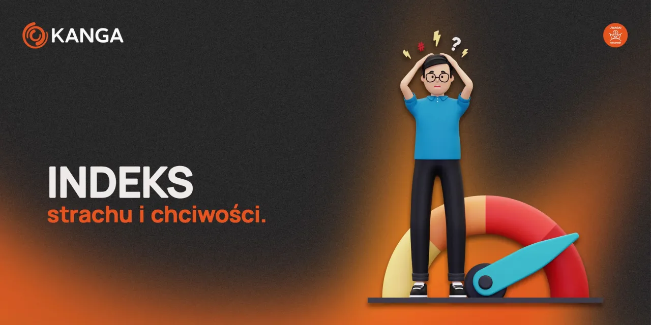 Zdezorientowany człowiek obok wskaźnika strachu i chciwości. Podpowiada, kiedy kupować kryptowaluty, a kiedy sprzedawać.