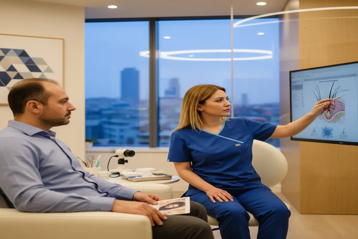 Lekarka omawia z pacjentem schemat budowy włosa, wyjaśniając koszty leczenia w Turcji.