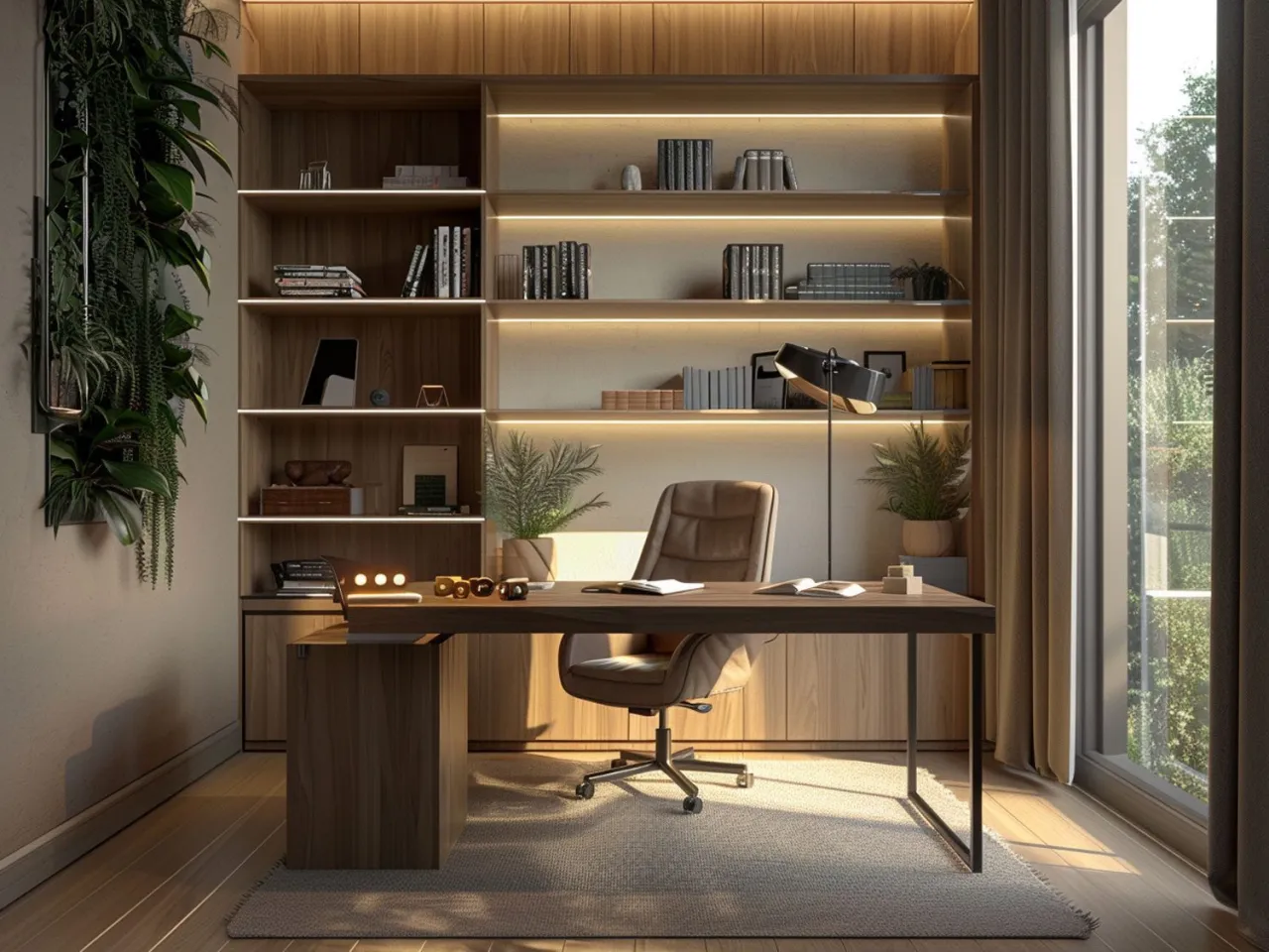 Uporządkowane miejsce do nauki z roślinami i dobrym oświetleniem