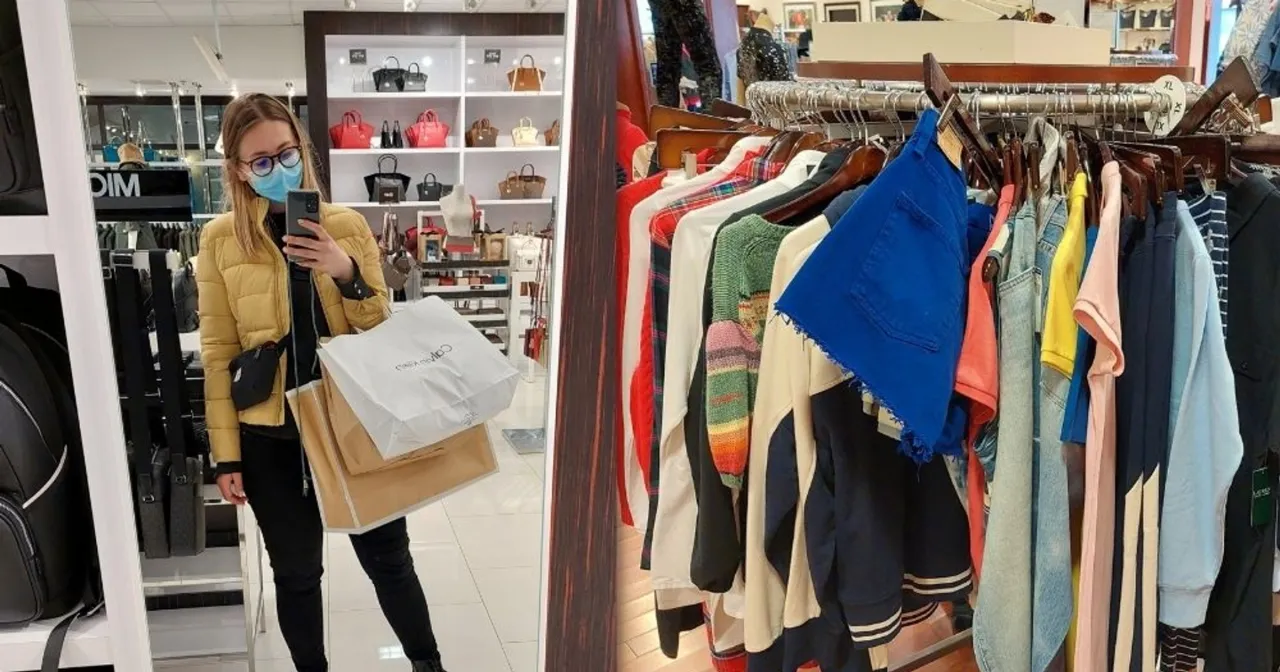 Kobieta w ż&oacute;łtej kurtce robi zakupy w sklepie z odzieżą. W torbach ma rzeczy, kt&oacute;re warto przywieźć z USA.