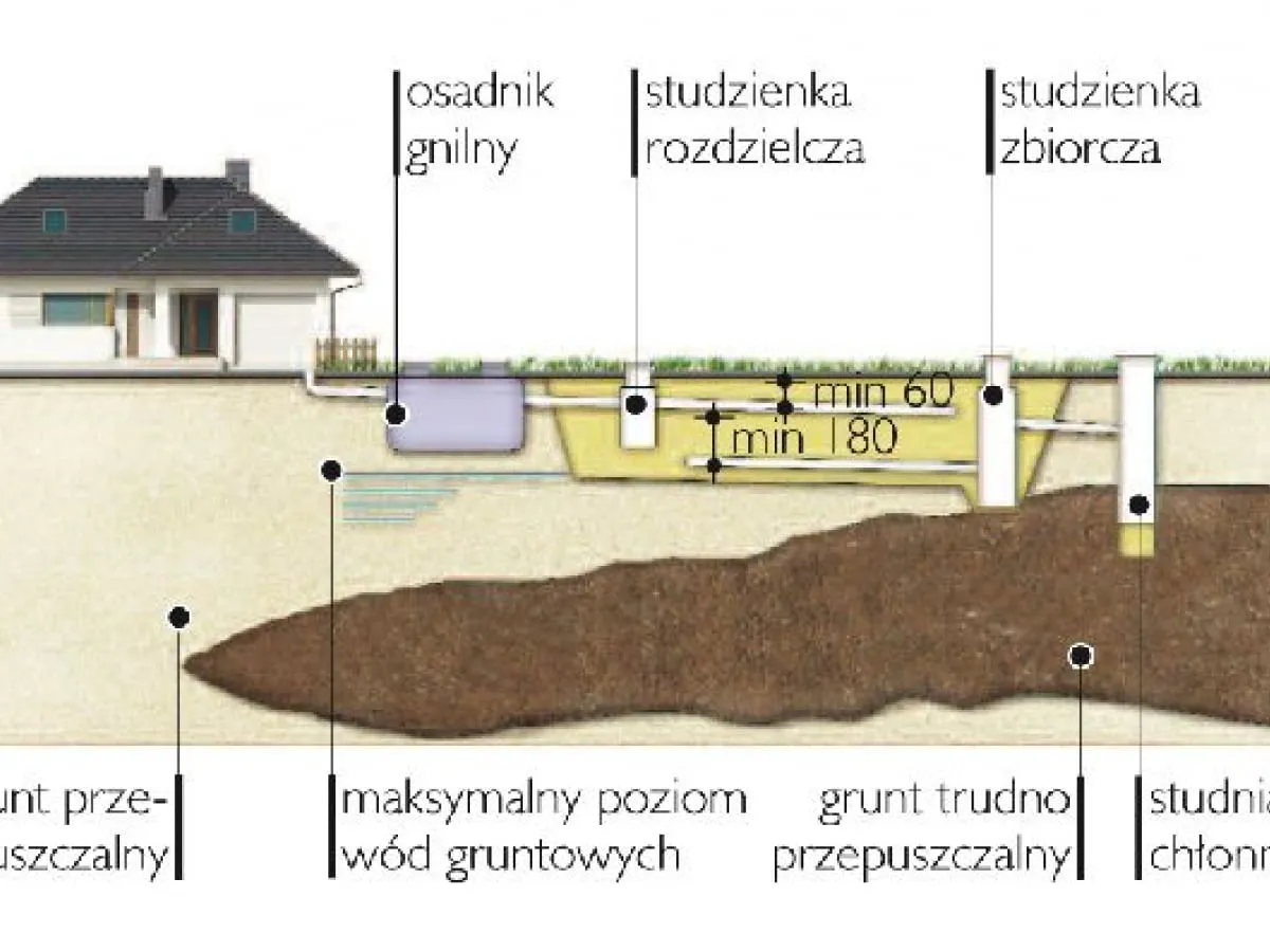 Schemat pokazuje, jak wykonać drenaż oczyszczalni przydomowej: osadnik gnilny, studzienka rozdzielcza i zbiorcza, drenaż rozsączający w gruncie.