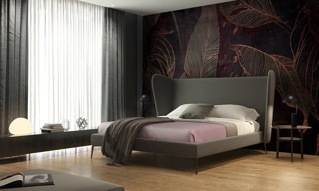 mała sypialnia ciemna tapeta akcentowa ściana