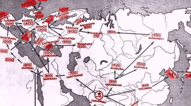 mapa rozprzestrzeniania się szachów z Indii przez Persję do Europy
