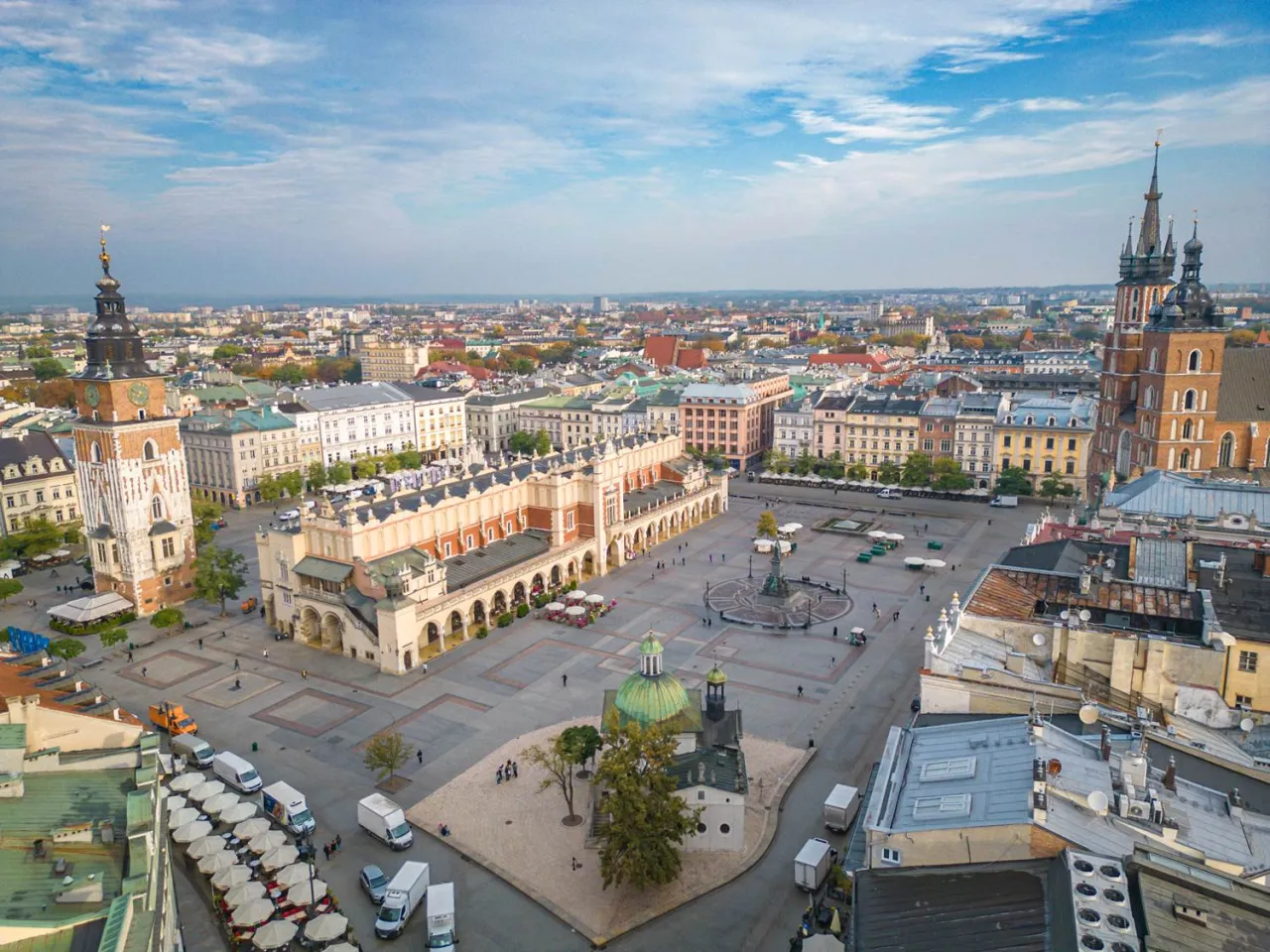 Krak&oacute;w co zwiedzić? Rynek Gł&oacute;wny z Sukiennicami, Kościołem Mariackim i Wieżą Ratuszową. Widok z lotu ptaka.
