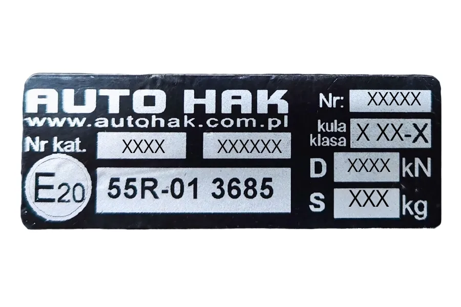 tabliczka znamionowa haka holowniczego z homologacją e20