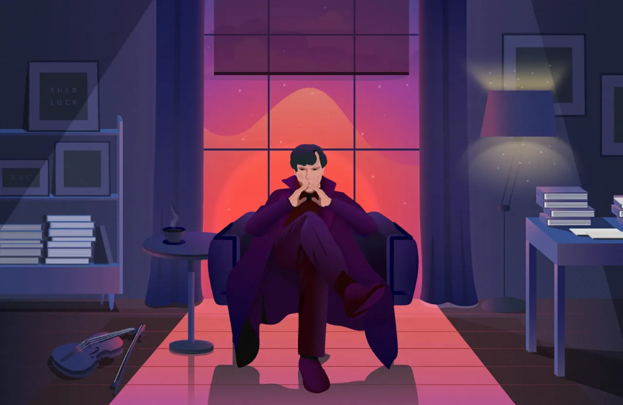 Sherlock Holmes w fotelu, myślący. Obok skrzypce i kawa. Idealne na wieczór z BBC iPlayer Polska.