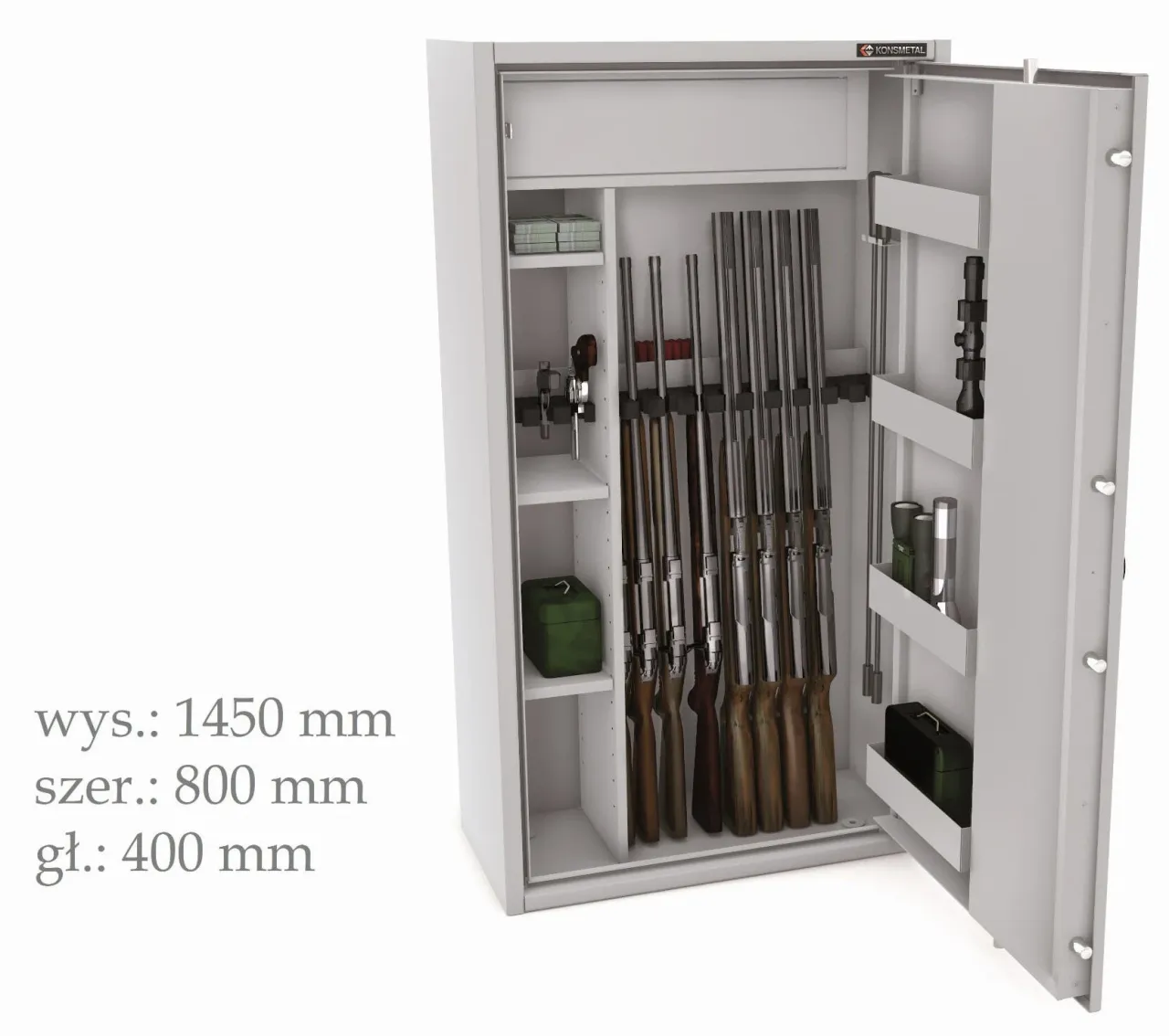 Sejf na broń klasy S1, otwarty, z bronią w środku