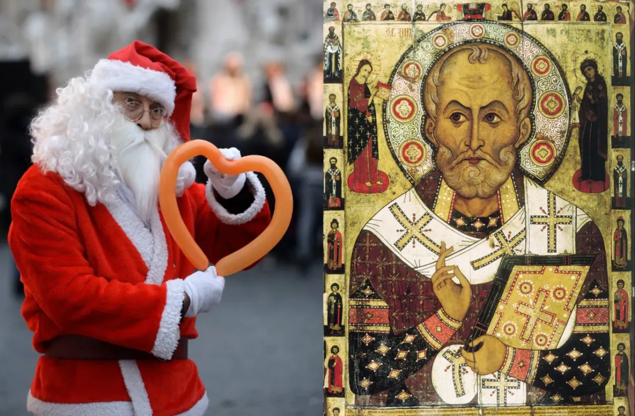 Święty Mikołaj z sercem z balonu i jego historyczny pierwowz&oacute;r, jak w baśni o św. Mikołaju.