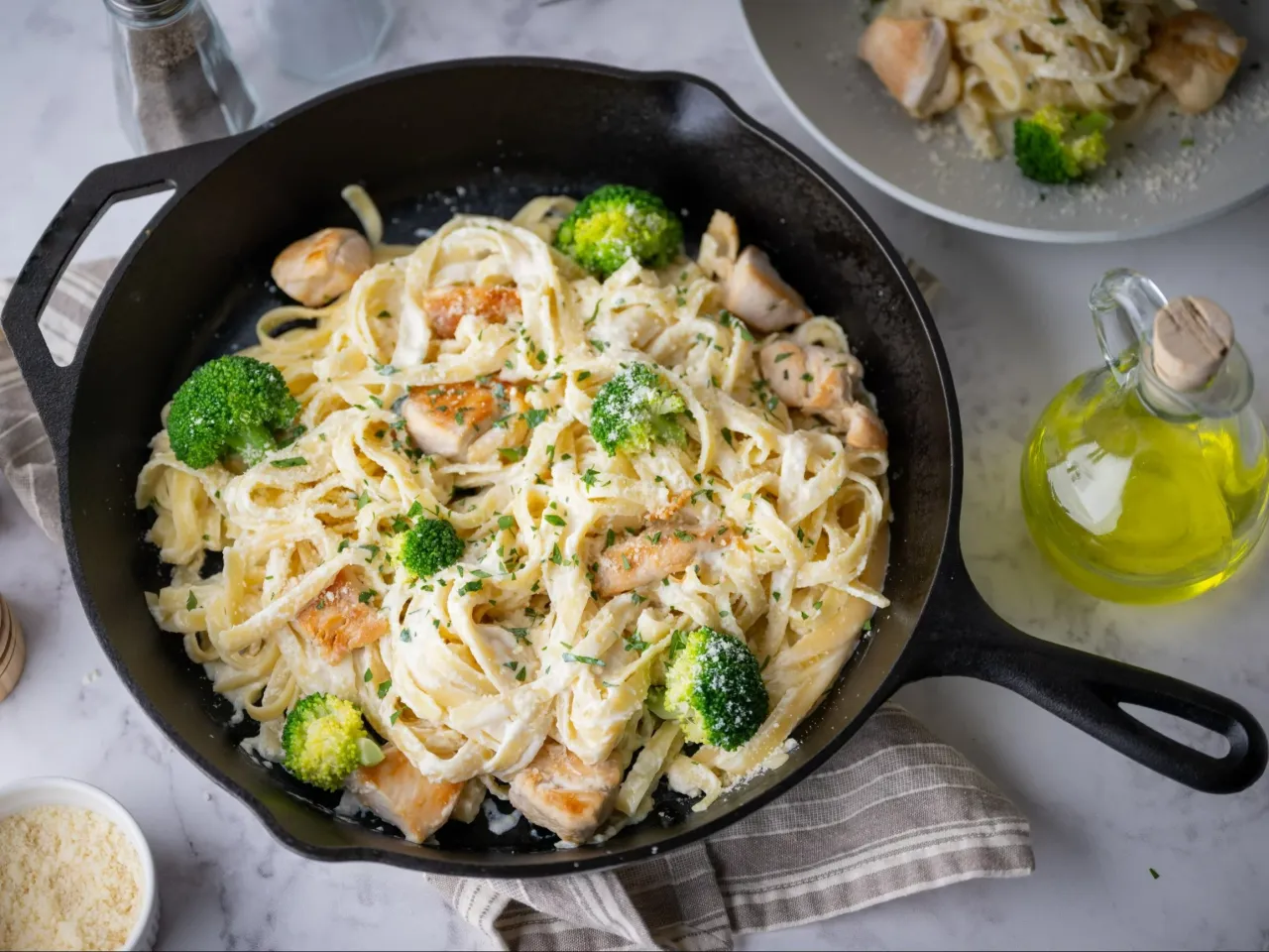 spaghetti alfredo z kurczakiem i brokułami