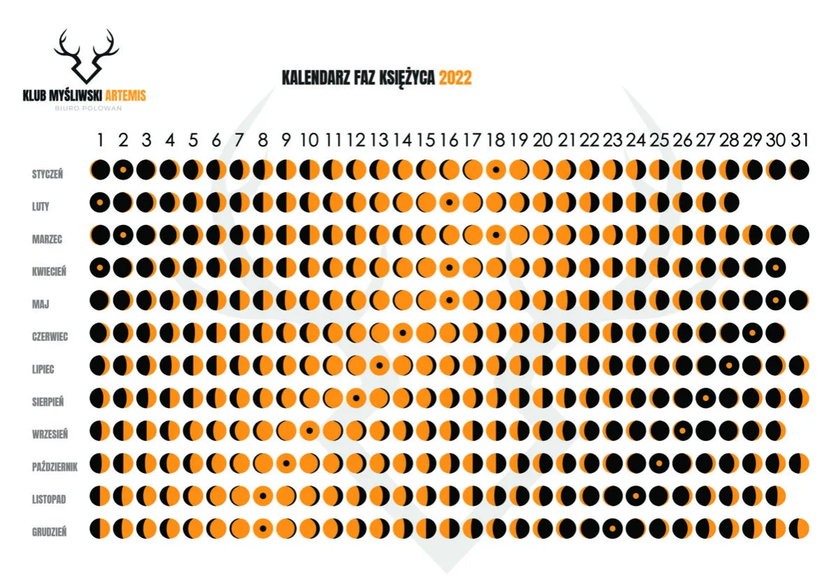 Kalendarz faz księżyca 2022. Wykres przedstawia cykle księżyca w ciągu roku, pomocne przy planowaniu godzin brania ryb.