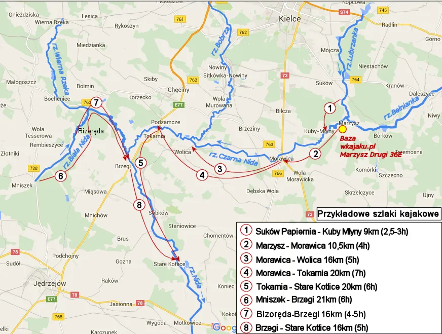 mapa rzek świętokrzyskich trasy kajakowe