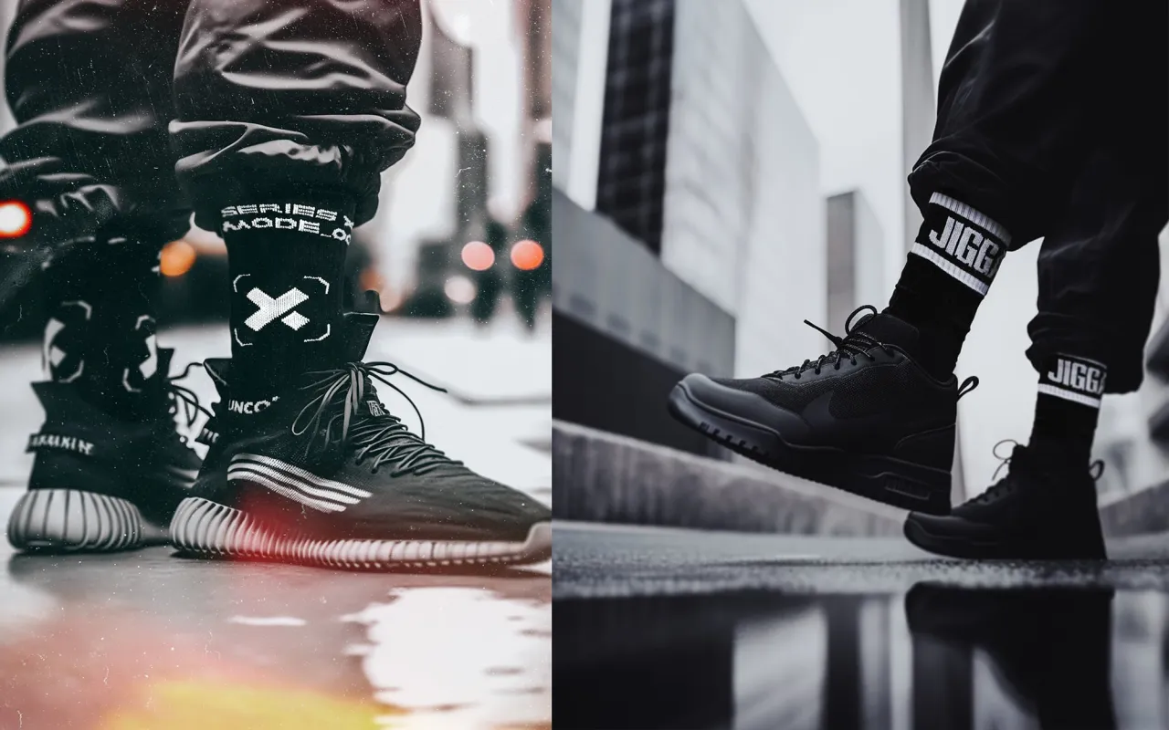 Mężczyzna prezentujący długie skarpety do spodni