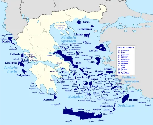 mapa greckich wysp z zaznaczonymi archipelagami