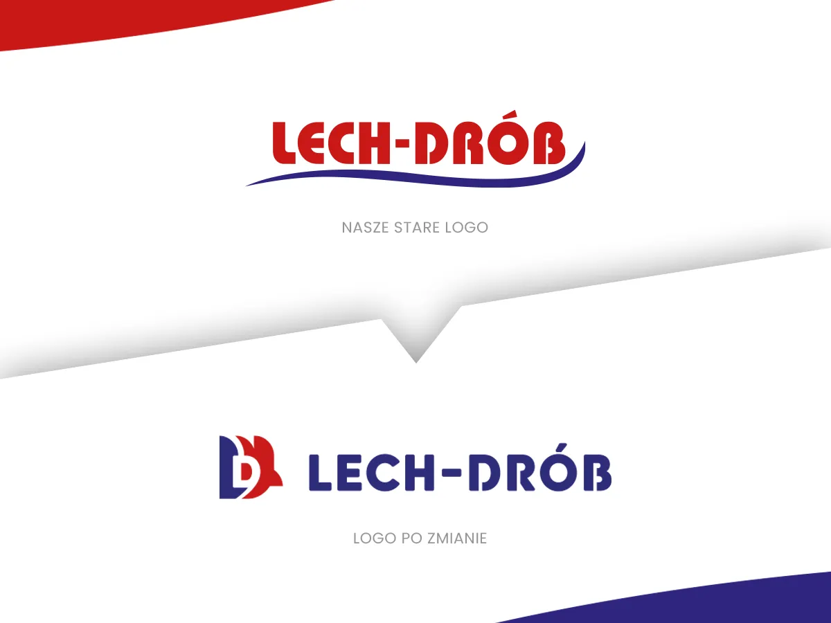 Porównanie starego i nowego logo Lech-Drób. Stare logo z czerwonym napisem i niebieską falą, nowe z niebieskim symbolem i napisem.