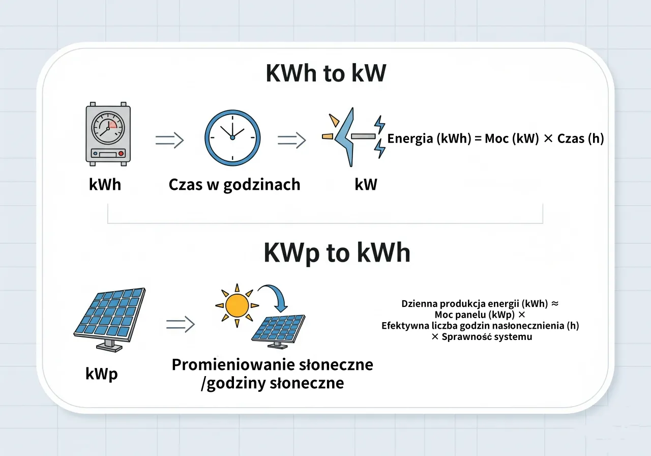 Wyjaśnienie, kwh co to: Energia (kWh) = Moc (kW) &times; Czas (h). Obok panel słoneczny (kWp) i słońce.
