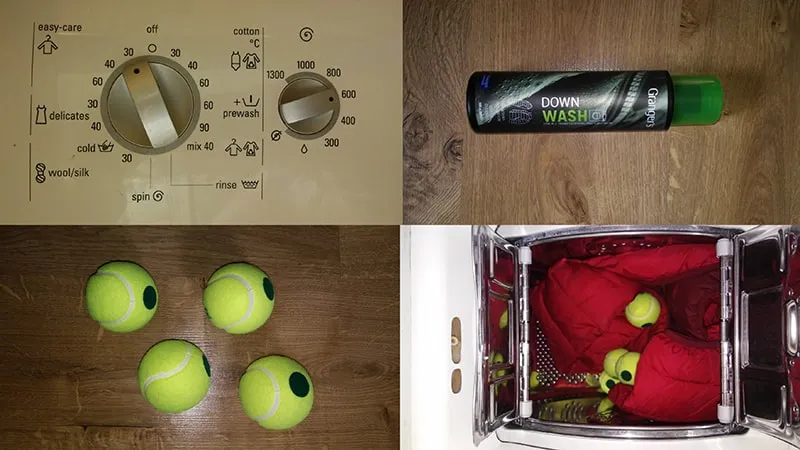 kurtka puchowa w suszarce z piłkami tenisowymi