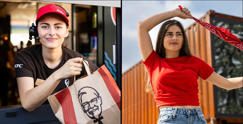 pracownik KFC w uniformie podaje zamówienie klientowi