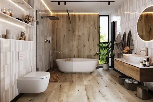 Łazienka z panelami winylowymi imitującymi drewno