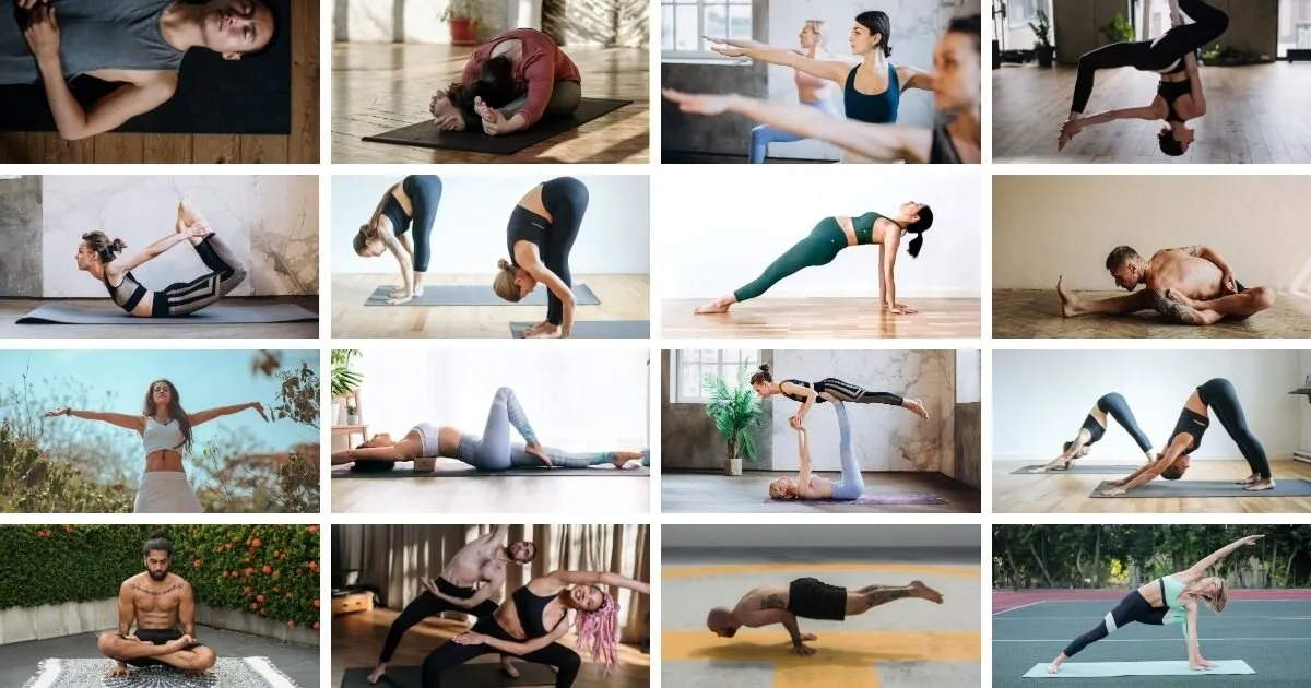 Różne style jogi kolaż Vinyasa Hatha Yin