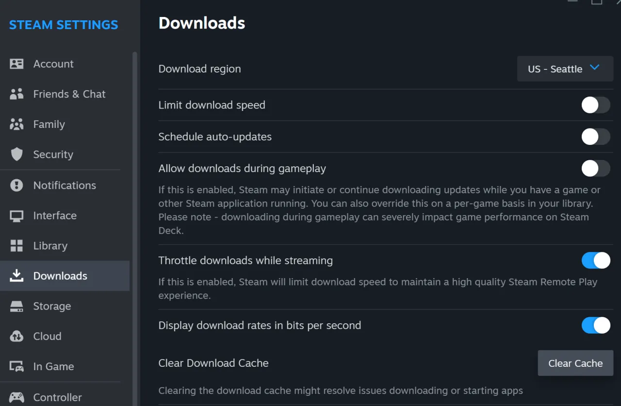 steam ustawienia wyczyść pamięć podręczną pobierania