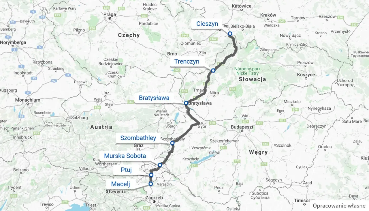 Mapa trasy Polska Chorwacja przez Węgry