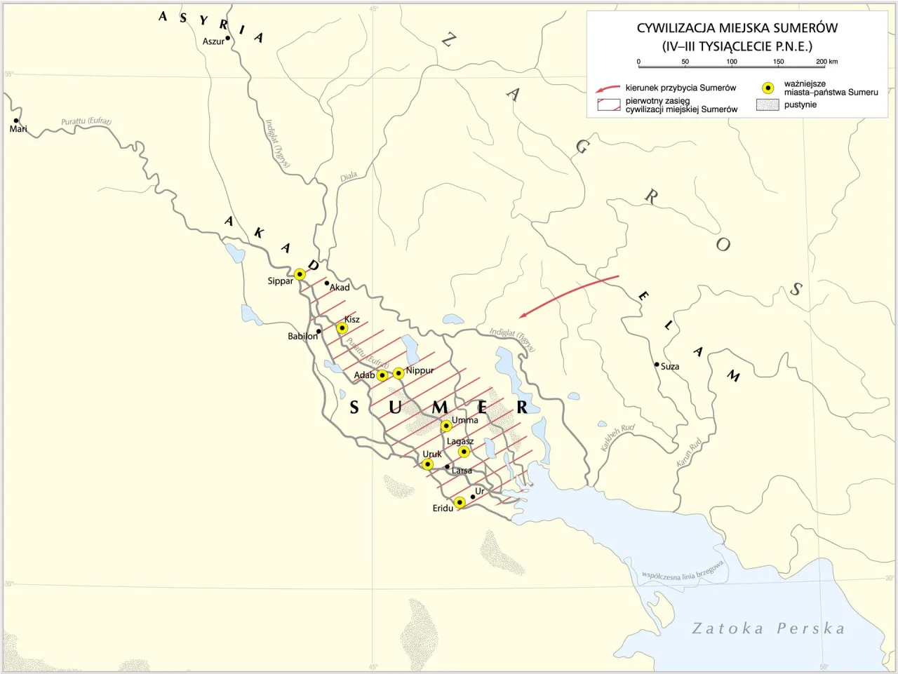 Mapa Mezopotamii, ukazująca kiedy powstała pierwsza cywilizacja Sumerów, z zaznaczonymi miastami i kierunkiem ich przybycia.