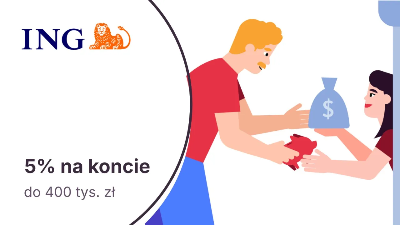 ING oferuje 5% na koncie do 400 tys. zł. Mężczyzna przekazuje skarbonkę kobiecie, która trzyma worek z pieniędzmi.